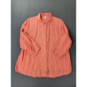 LL‎ Bean Shirt Womens 1X Orange 100% Linen Button Front 3/4 Sleeve Top